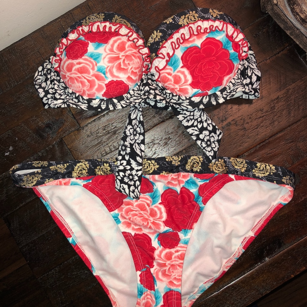Colorful Floral Bandeau Bathing Suit